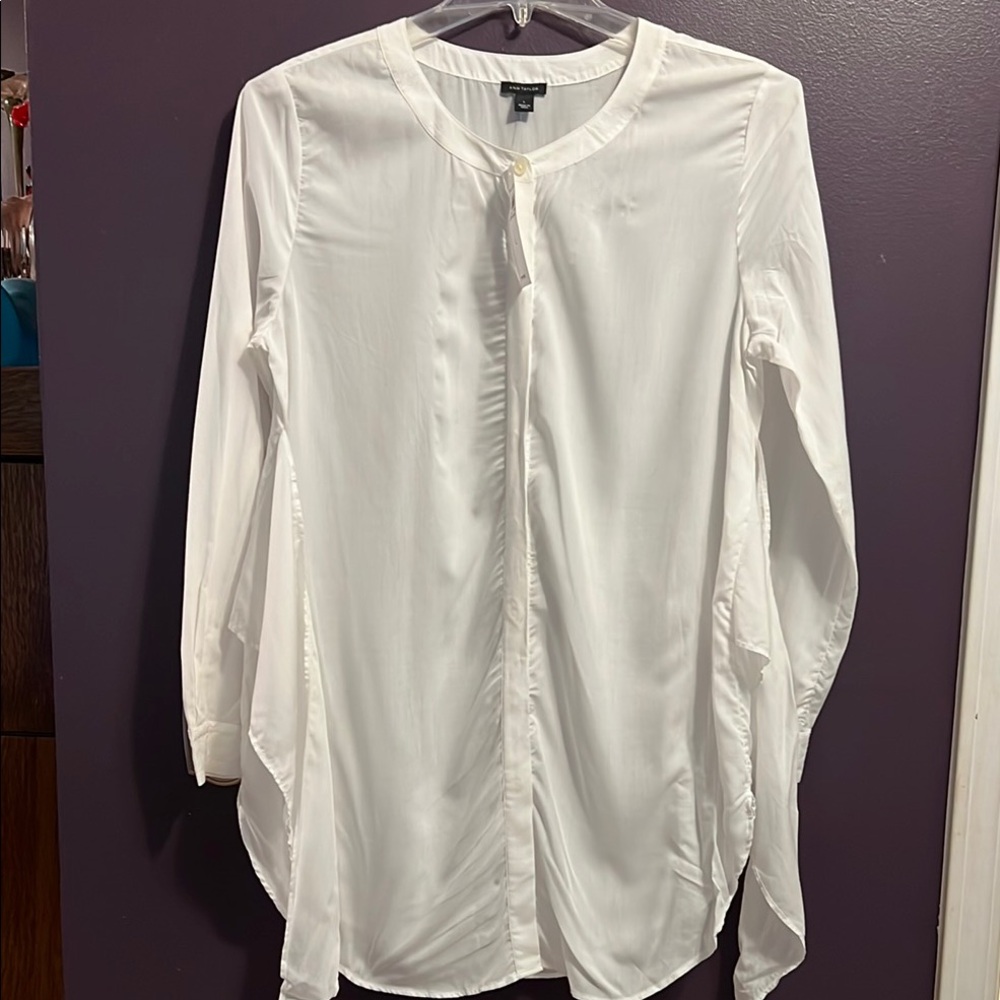 Ann Taylor White Button Down Shirt with Mandarin Collar